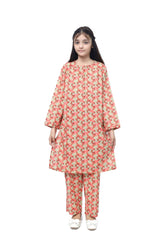 Plum Fine Lawn Coral Pink Colour Printed Ivory Roses On 2 pc suit For Girls.